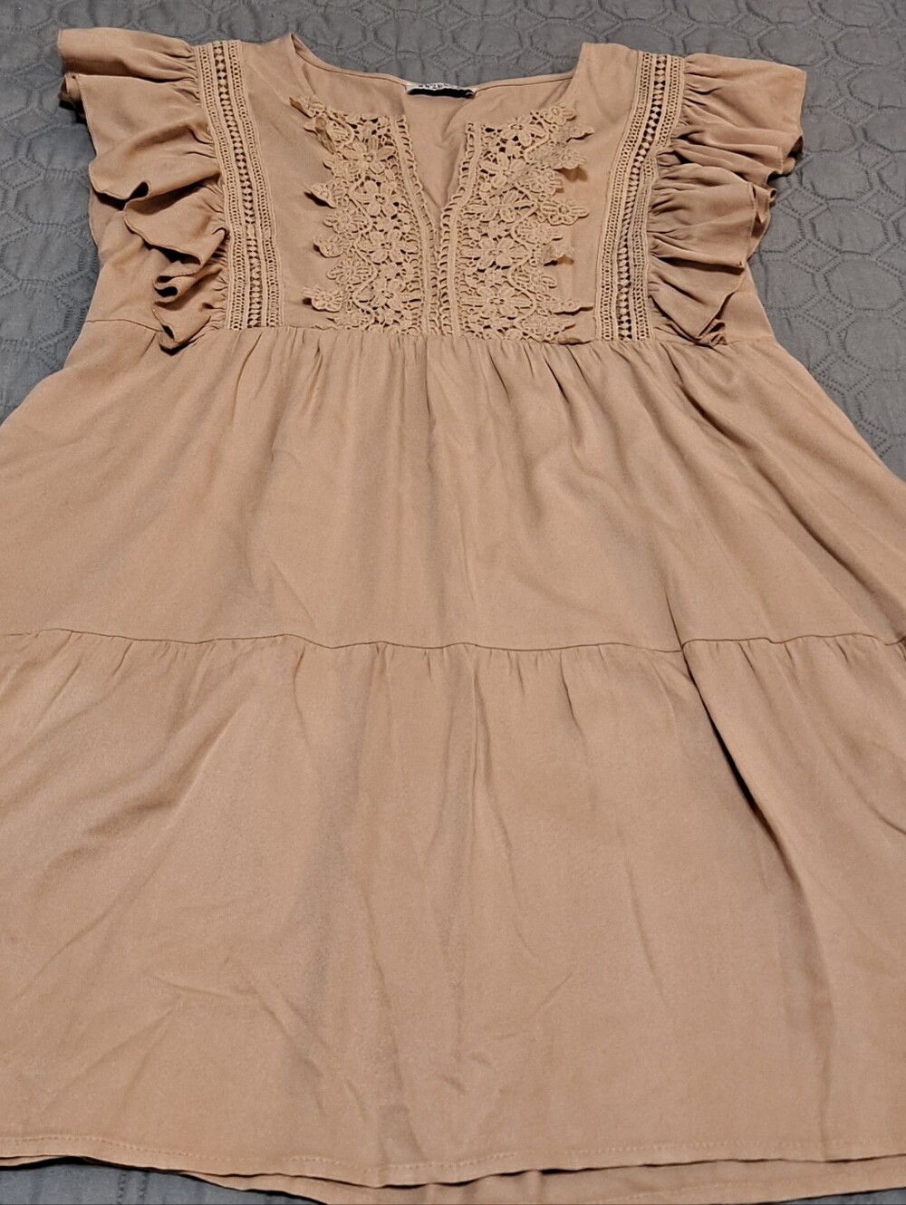 Molly Bracken Women’s Ruffle Sleeve Crochet Yoke Dress — Tan Sz M